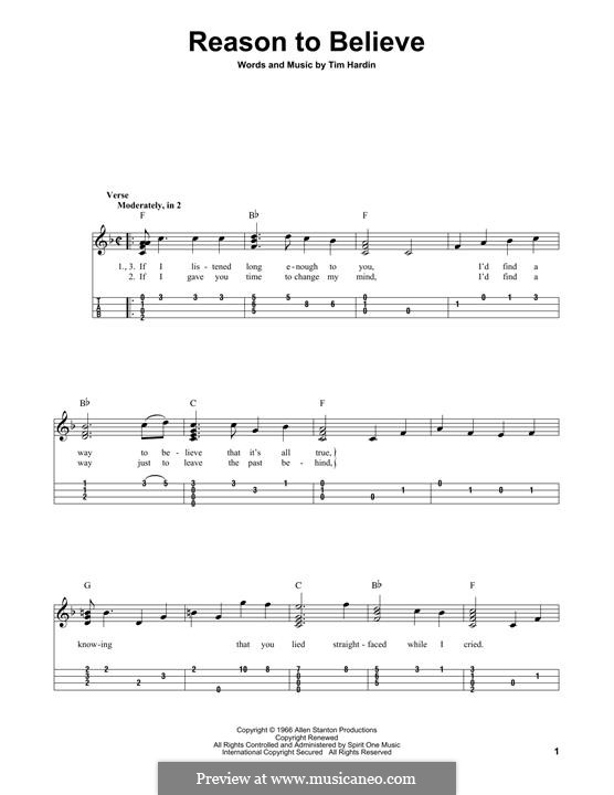 Reason To Believe by T. Hardin - sheet music on MusicaNeo