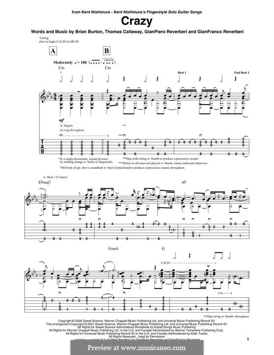 Crazy (Gnarls Barkley): For guitar by Brian Burton, Gian Piero Reverberi, Gianfranco Reverberi, Thomas Callaway