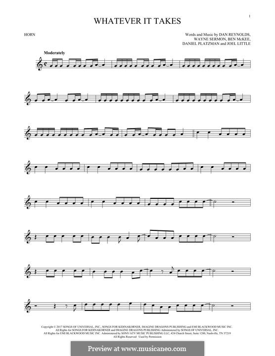 Whatever It Takes (Imagine Dragons): For horn by Benjamin McKee, Daniel Reynolds, Joel Little, Daniel Platzman, Wayne Sermon
