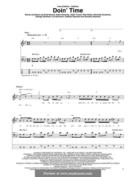 Doin' Time (Lana Del Rey): For bass guitar with tab by George Gershwin, Adam Horovitz, Adam Yauch, Brad Nowell, Marshall Goodman