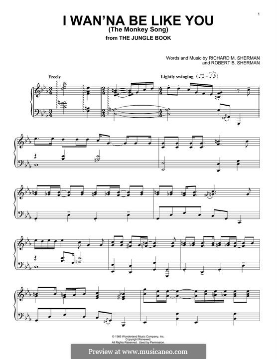 I Wan'na be Like You  (The Monkey Song): For piano by Richard M. Sherman, Robert B. Sherman