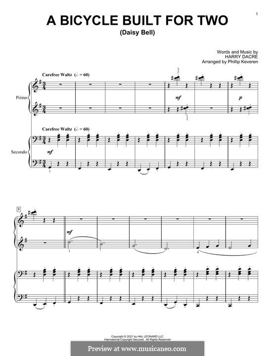 Daisy Bell (Bicycle Built for Two): For piano four hands by Harry Dacre