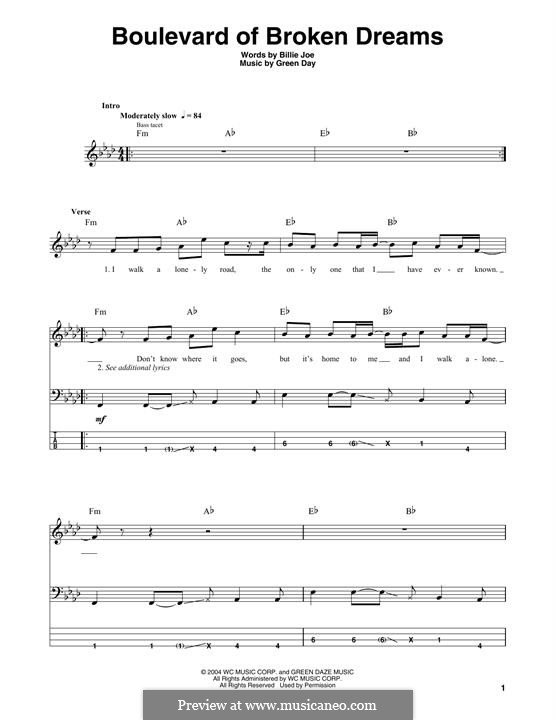 Boulevard of Broken Dreams (Green Day): For bass guitar with tab by Billie Joe Armstrong, Tré Cool, Michael Pritchard