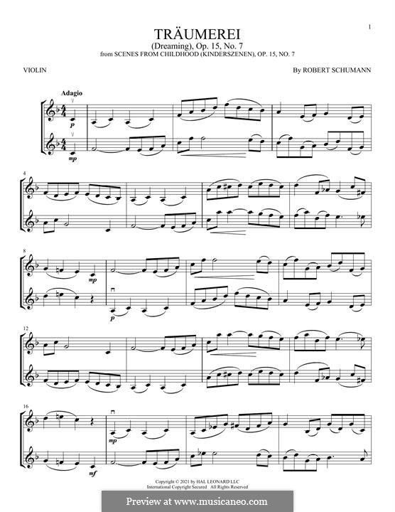 No.7 Träumerei (Dreaming): For two violins by Robert Schumann