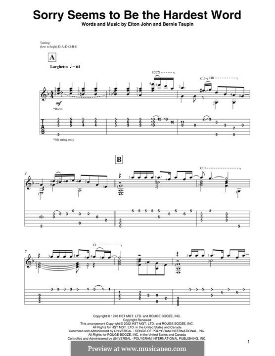 Sorry Seems to be the Hardest Word: For guitar with tab by Elton John