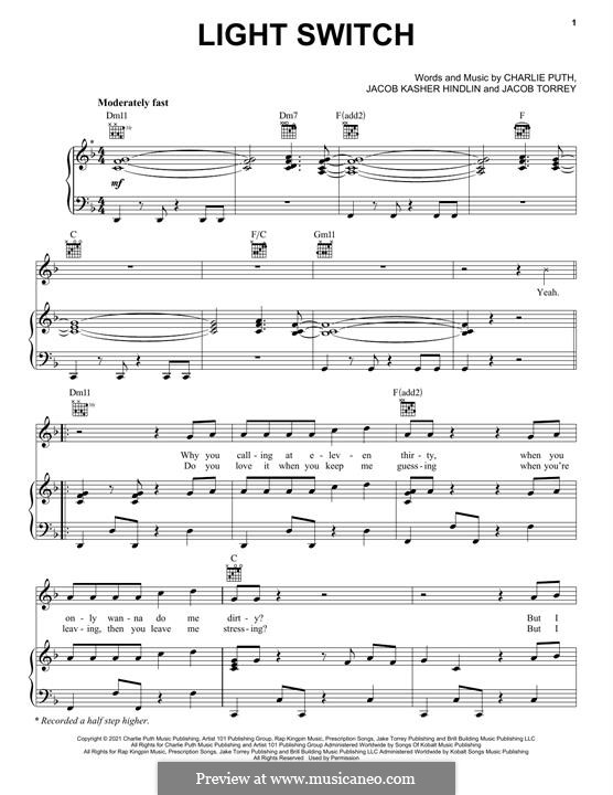Light Switch (Charlie Puth): For voice and piano (or guitar) by Jacob Kasher Hindlin