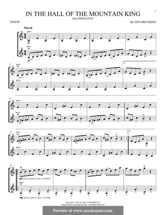 Suite No.1. In the Hall of the Mountain King (Printable Scores), Op.46 No.4: For two violins by Edvard Grieg