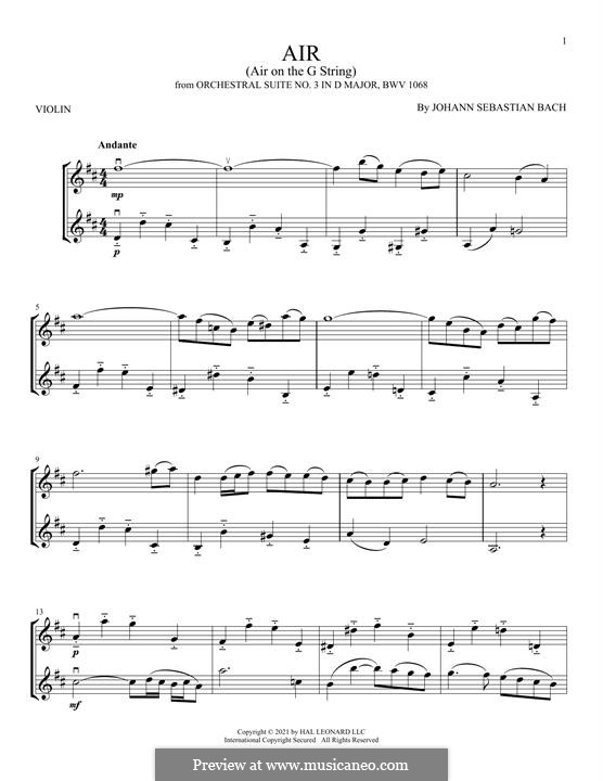 Aria (Printable Scores): Version for two violins by Johann Sebastian Bach