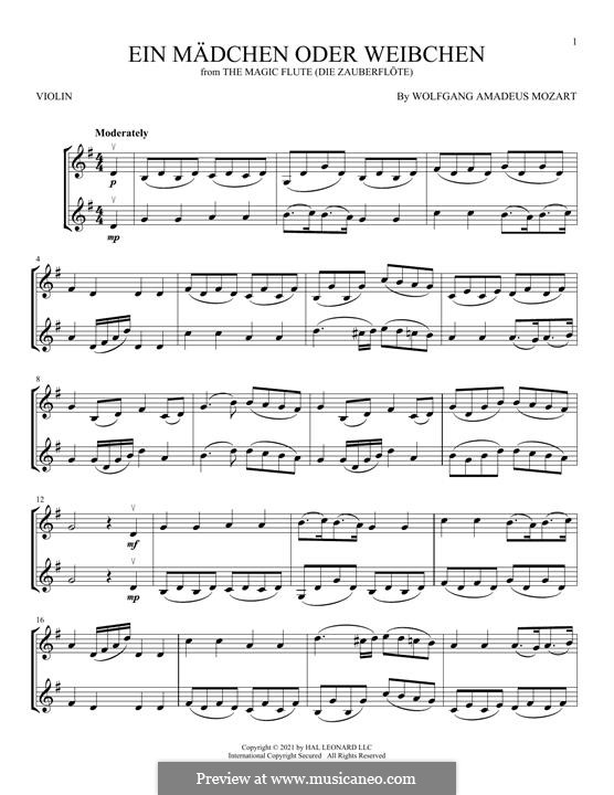 A Girl or a Woman: For two violins by Wolfgang Amadeus Mozart