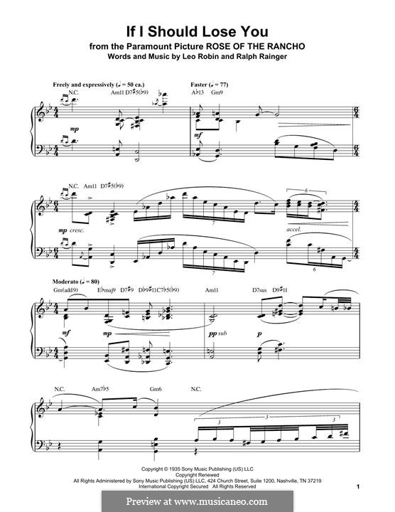 If I Should Lose You (Phineas Newborn): For piano by Leo Robin, Ralph Rainger