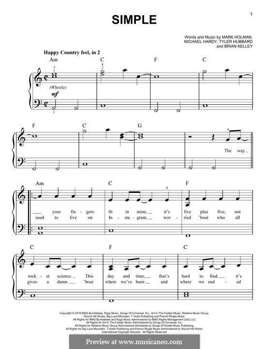 Simple (Florida Georgia Line): For piano by Tyler Hubbard, Brian Kelley, Mark L. Holman, Michael Hardy