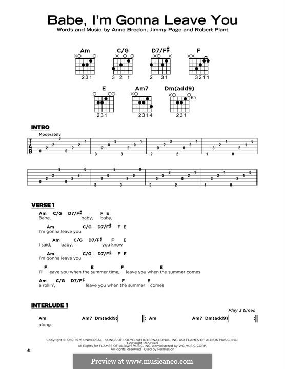 Babe, I'm Gonna Leave You (Led Zeppelin): Lyrics and guitar chords by Anne Bredon, Jimmy Page, Robert Plant