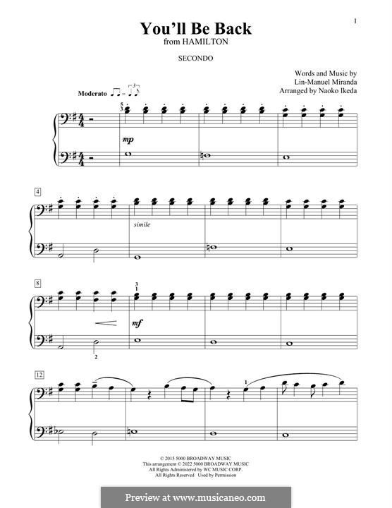 You'll Be Back (from 'Hamilton'): For piano four hands by Lin-Manuel Miranda