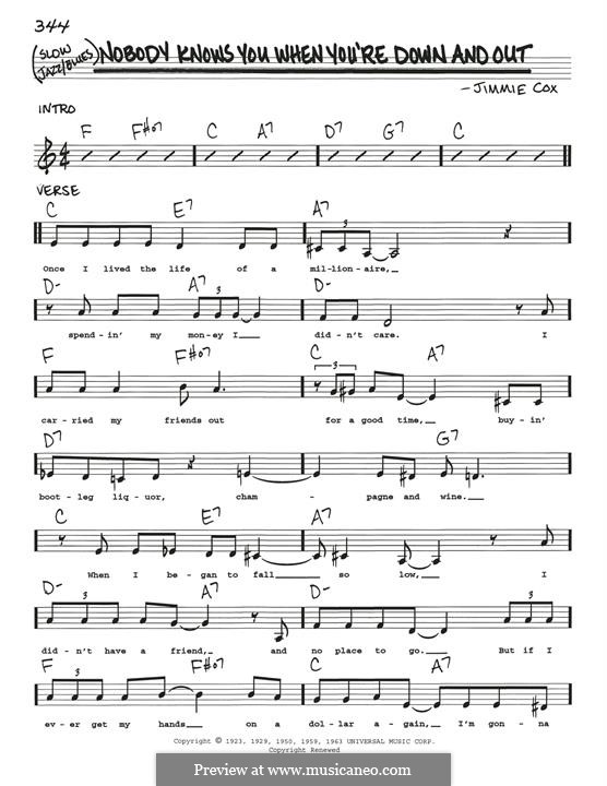 Nobody Knows You When You're Down and Out: Melody line by Jimmie Cox