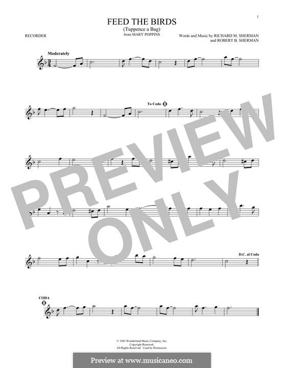 Feed the Birds (Tuppence a Bag): For recorder by Richard M. Sherman, Robert B. Sherman