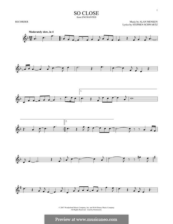 So Close (from Enchanted): For recorder by Alan Menken