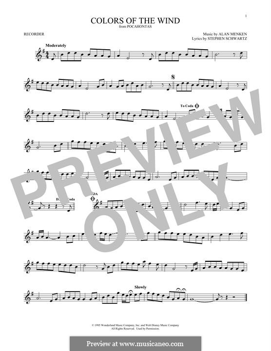 Colors of the Wind (from Pocahontas): For recorder by Alan Menken