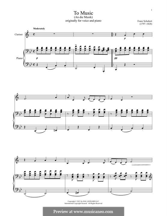 An die Musik (To Music), D.547 Op.88 No.4: For clarinet and piano by Franz Schubert