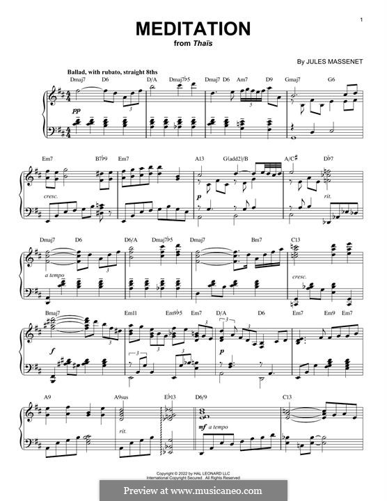 Meditation (printable scores): For piano (jazz version) by Jules Massenet