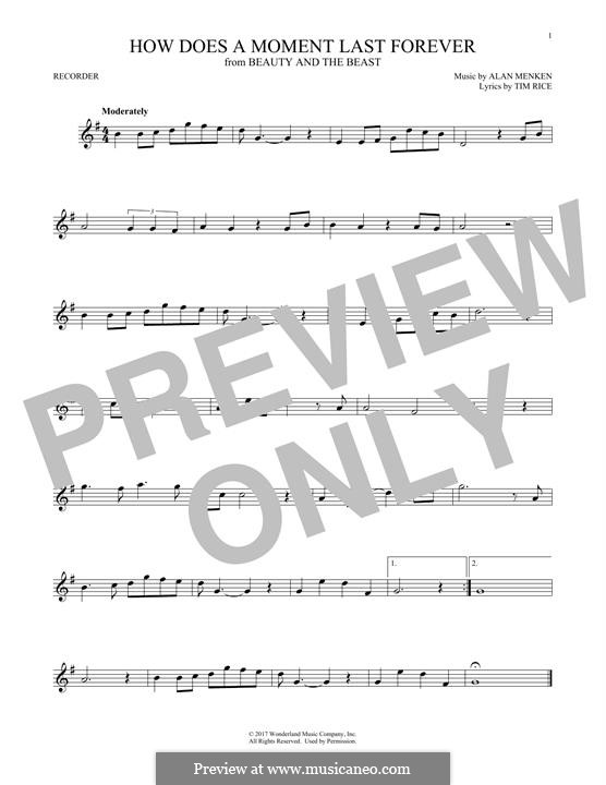 How Does a Moment Last Forever (Celine Dion): For recorder by Alan Menken