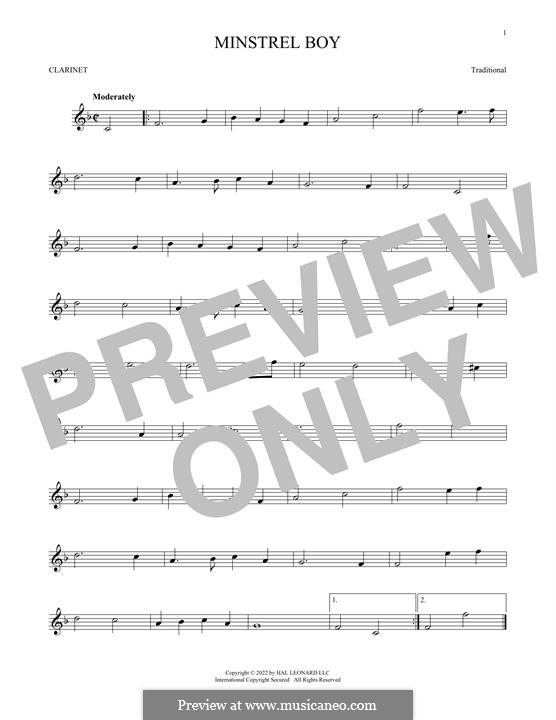 The Minstrel Boy (printable score): For clarinet by folklore