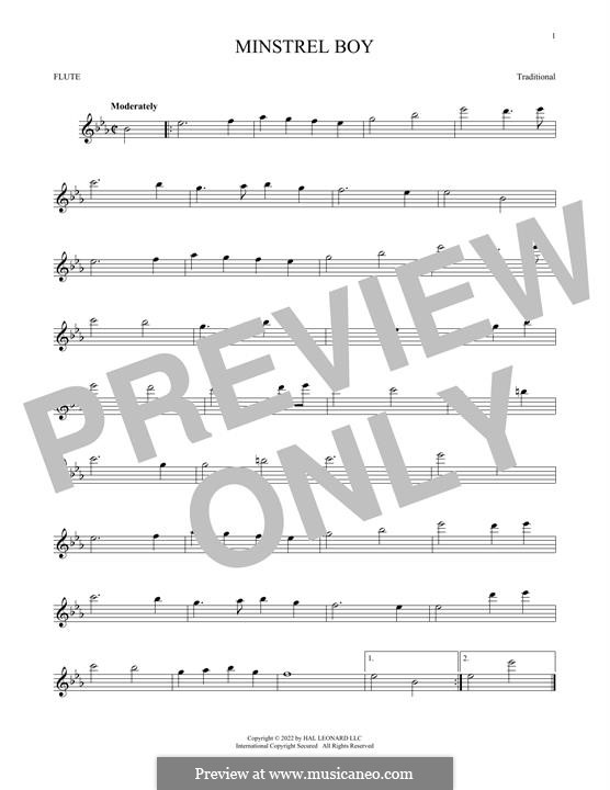 The Minstrel Boy (printable score): For flute by folklore