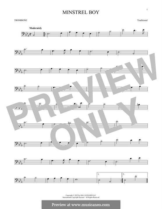 The Minstrel Boy (printable score): For trombone by folklore