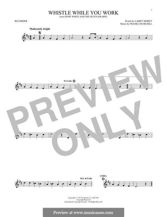 Whistle While You Work (from Snow White and The Seven Dwarfs): For recorder by Frank Churchill, Larry Morey