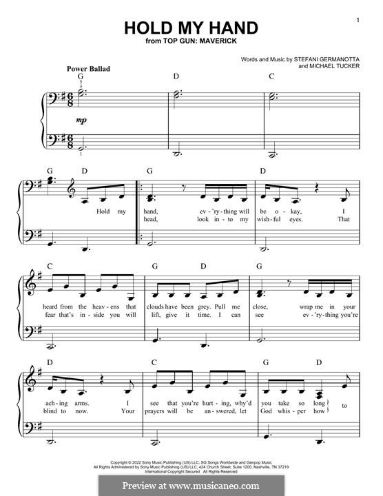 Hold My Hand (from Top Gun: Maverick) Lady Gaga: For easy piano by Stefani Germanotta, Michael Tucker