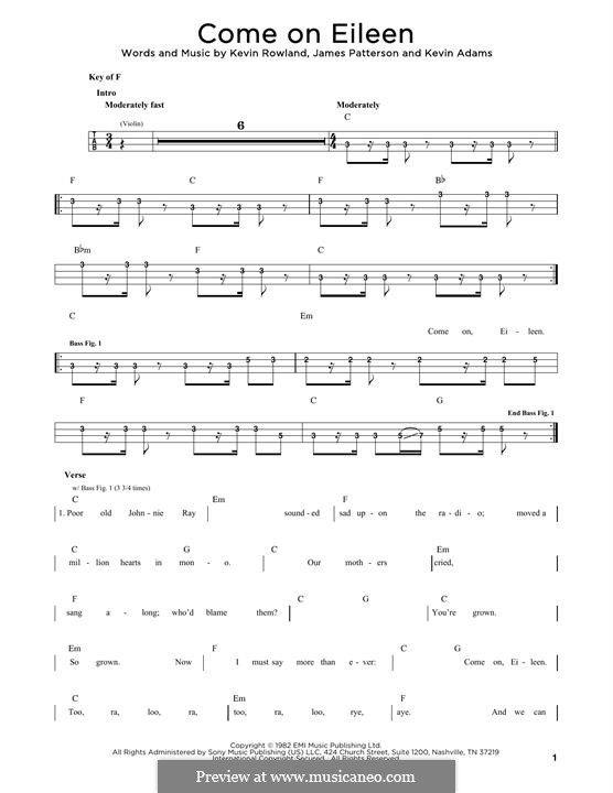 Come on Eileen (Dexy's Midnight Runners): For bass guitar with tab by James Patterson, Kevin Adams, Kevin Rowland