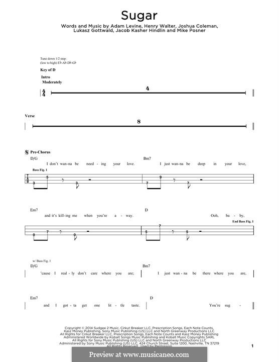 Sugar (Maroon 5): For bass guitar with tab by Adam Levine, Jacob Kasher Hindlin, Joshua Coleman, Lukas Gottwald, Mike Posner, Henry Russell Walter