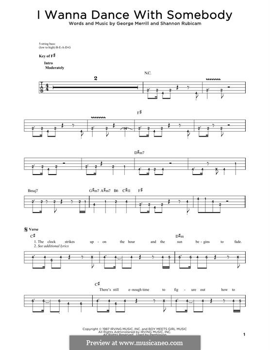 I Wanna Dance with Somebody (Who Loves Me): For bass guitar with tab by George Merrill, Shannon Rubicam