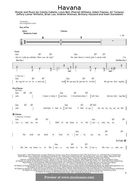 Havana (feat. Young Thug): For bass guitar by Brian Lee, Pharrell Williams, Alexandra Tamposi, Camila Cabello, Frank Dukes, Young Thug