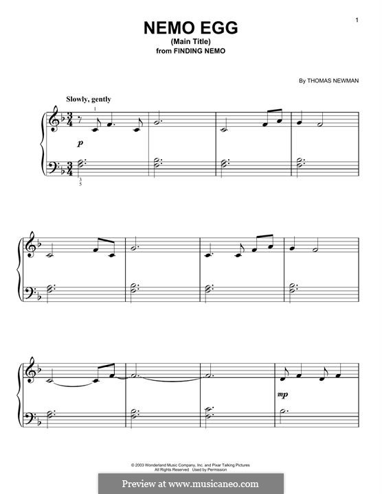 Nemo Egg (Main Title) from Finding Nemo: For piano by Thomas Newman