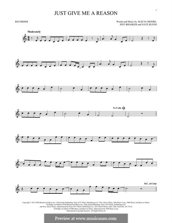 Just Give Me a Reason (Pink): For recorder by Alecia Moore, Jeff Bhasker, Nathaniel Ruess
