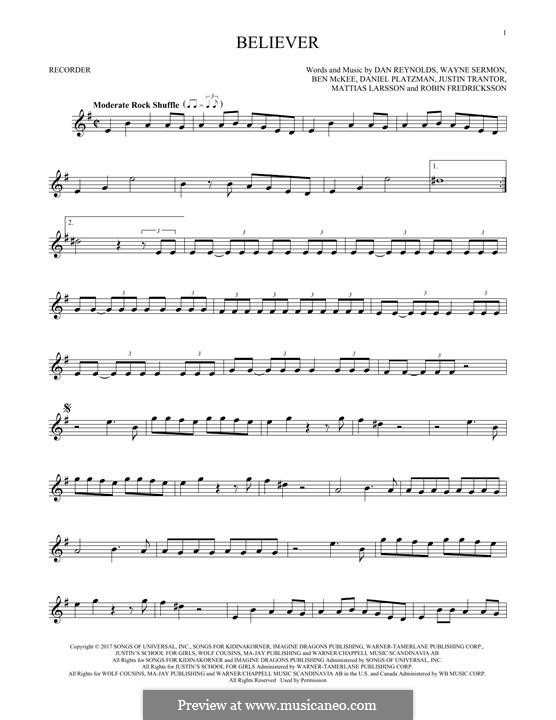 Believer (Imagine Dragons): For recorder by Benjamin McKee, Daniel Reynolds, Daniel Sermon, Daniel Platzman
