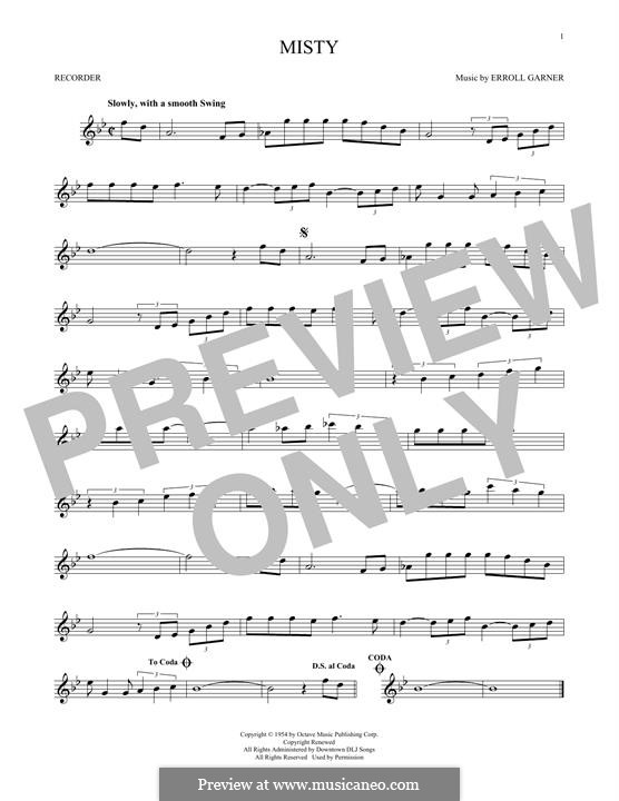 Misty (Johnny Mathis): For recorder by Erroll Garner