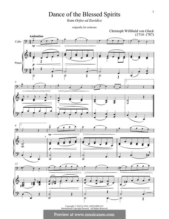 Dance of the Blessed Spirits: For cello and piano by Christoph Willibald Gluck