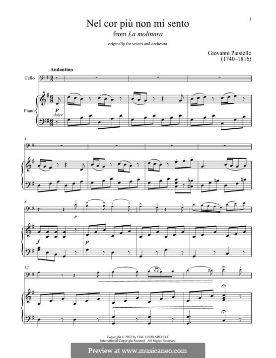 La bella molinara. Nel cor più non mi sento, R 1.76: For cello and piano by Giovanni Paisiello