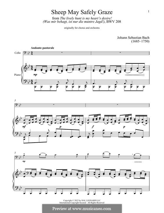 Sheep May Safely Graze (Printable Scores): For cello and piano by Johann Sebastian Bach