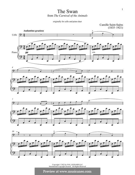 The Swan (printable scores): For cello and piano by Camille Saint-Saëns