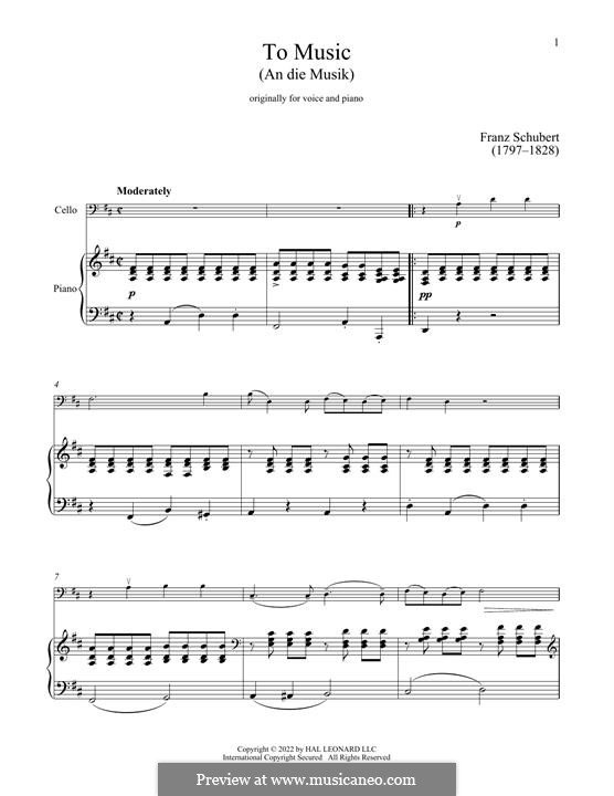 An die Musik (To Music), D.547 Op.88 No.4: For cello and piano by Franz Schubert