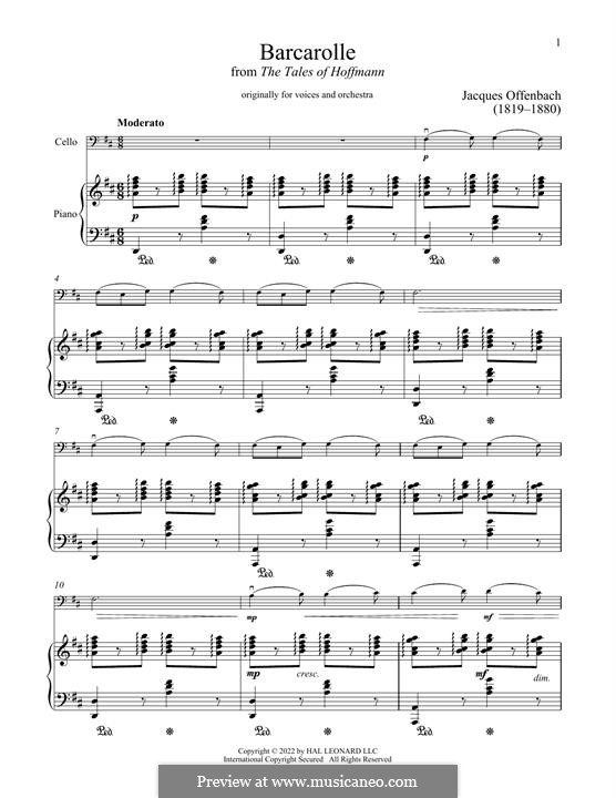 Barcarolle (Printable Scores): Version for cello and piano by Jacques Offenbach