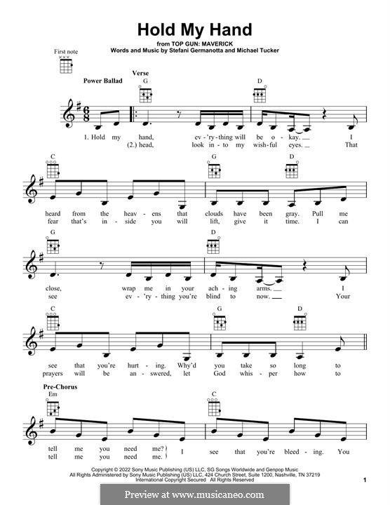Hold My Hand (from Top Gun: Maverick) Lady Gaga: For ukulele by Stefani Germanotta, Michael Tucker
