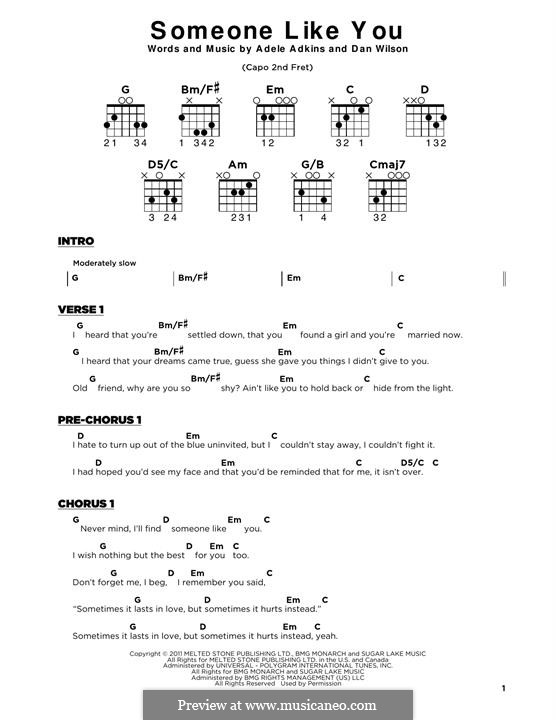 Someone Like You: Lyrics and guitar chords by Adele, Daniel Wilson