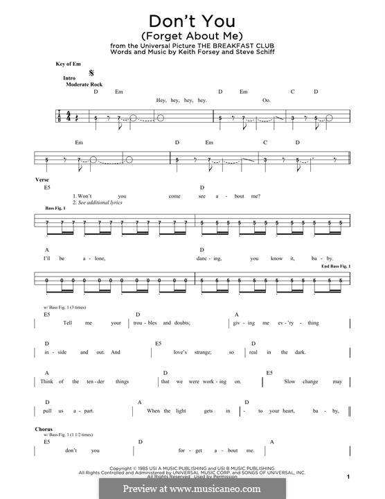 Don't You (Forget About Me): For bass guitar with tab by Keith Forsey, Steve Schiff