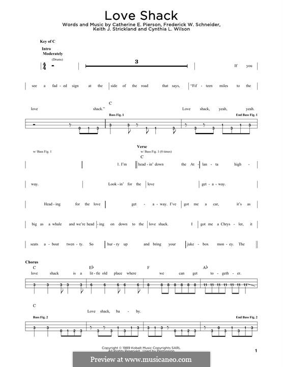 Love Shack (The B-52's): For bass guitar with tab by Cynthia L. Wilson, Frederick W. Schneider, Kate Pierson, Keith J. Strickland