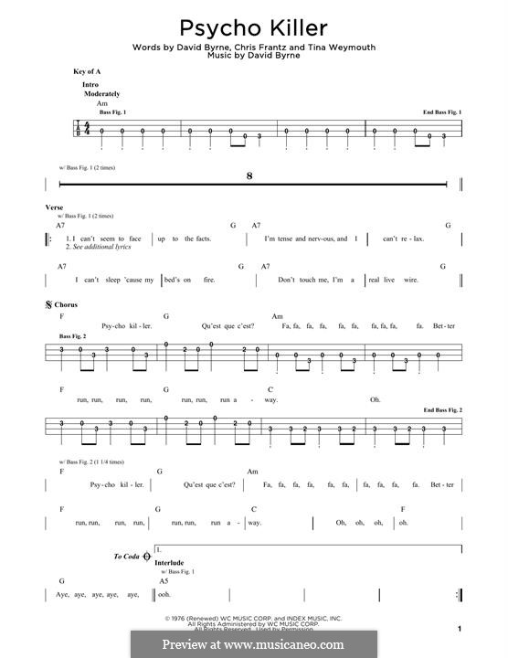 Psycho Killer (Talking Heads): For bass guitar with tab by Christopher Frantz, David Byrne, Tina Weymouth