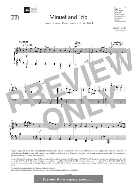 Sonata for Piano No.9 in D Major, Hob.XVI/4: Minuet and Trio by Joseph Haydn