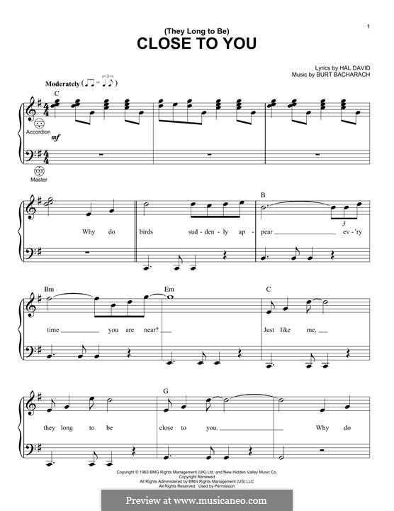 Close to You (They Long to be) by B. Bacharach - sheet music